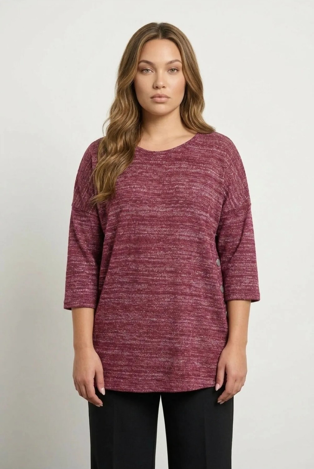 Büyük Beden Mor Yarım Kol Düğme Detaylı Sweatshirt 304438 Kadın Konforlu Triko Kumaş görsel 8