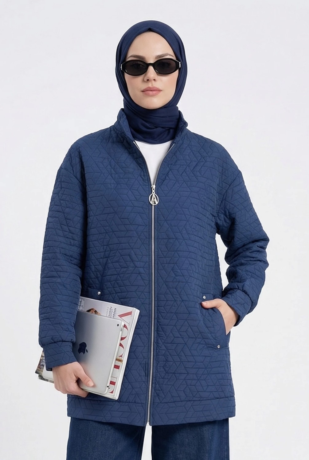 Armine Trend Kabartma Desenli Fermuarlı Cepli Ceket Lacivert 26YT537