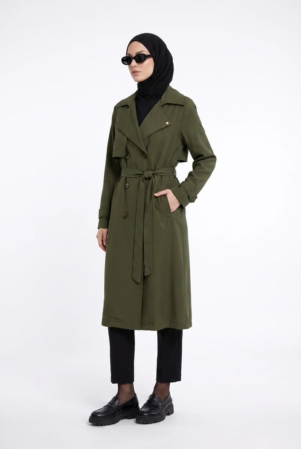 Armine Trend Belden Kuşaklı Aller Detaylı Tencel Kumaş Trençkot Haki 26YTD714 görsel 2