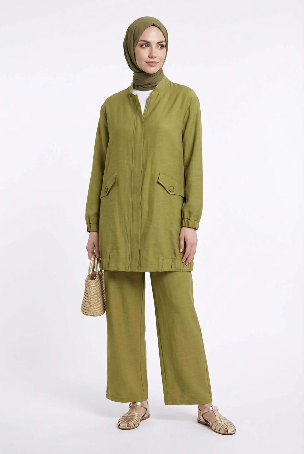 Armine Trend Cep Detaylı Boydan Fermuarlı Pantolonlu Keten Ikili Takım Olive 26YT612 görsel 2