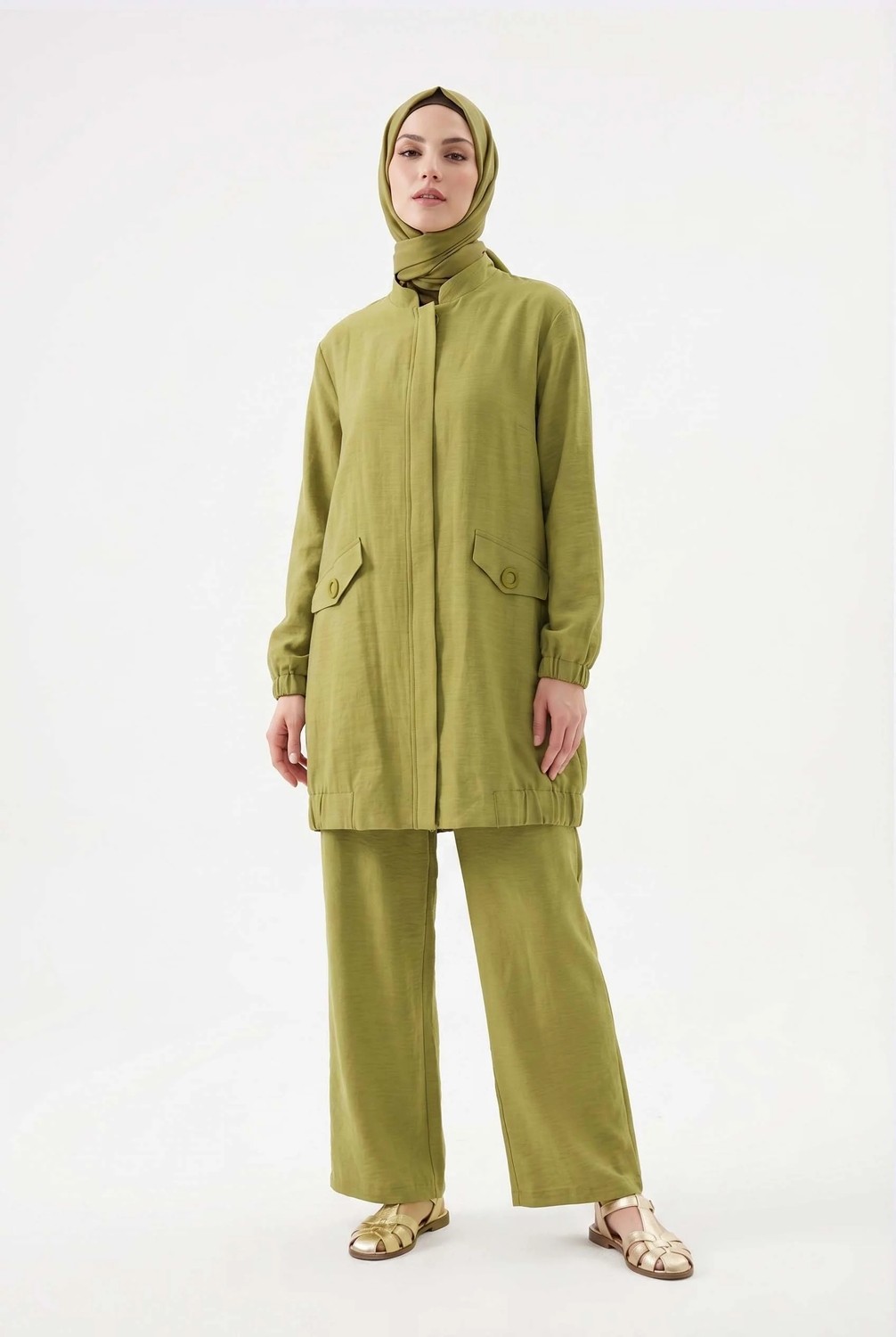 Armine Trend Cep Detaylı Boydan Fermuarlı Pantolonlu Keten Ikili Takım Olive 26YT612 görsel 3