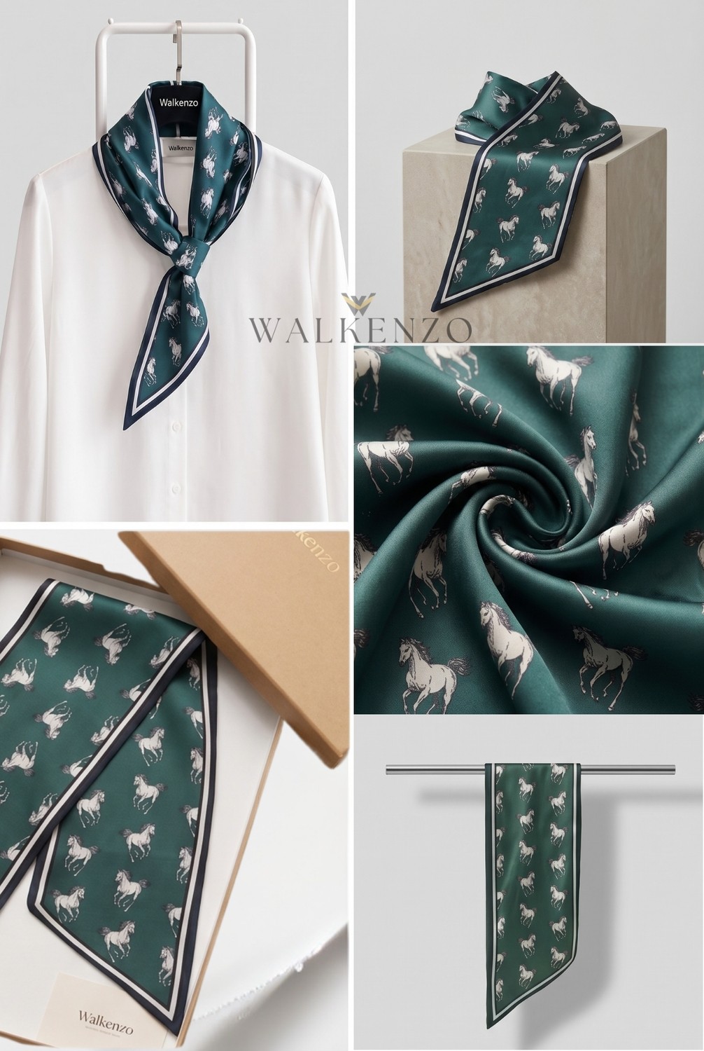Walkenzo Majesty Asil At Desenli Ipeksi Dokulu Kadın Kravat Fular, Boyun Fuları görsel 7