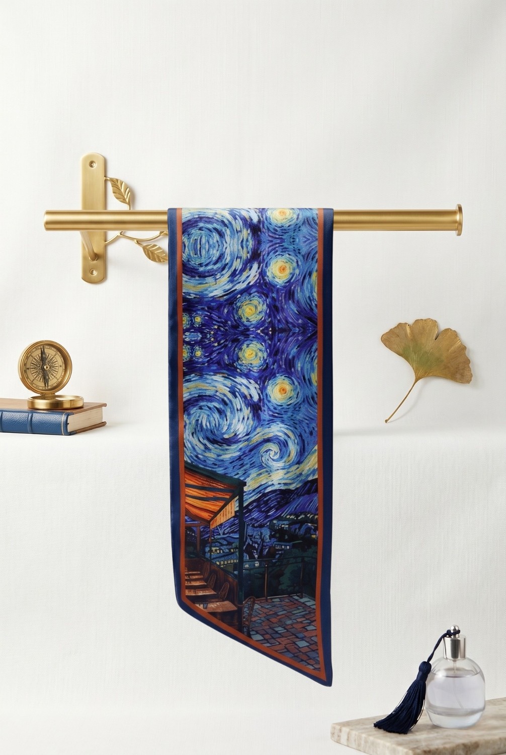 Walkenzo Van Gogh Kafe Terasta Gece Desenli Ipeksi Dokulu Kravat Fular, Boyun Fuları görsel 6