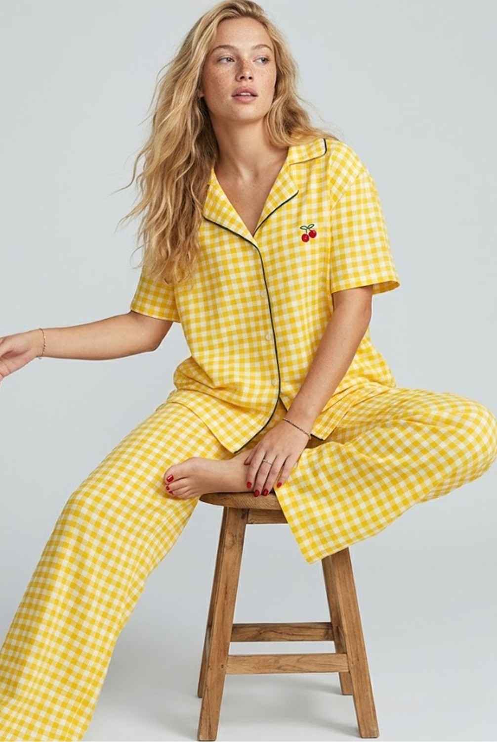 Siyah İnci Sarı Ekose Kareli Nakışlı Düğmeli Biyeli Ince Soft Örme Pijama Takımı 8001