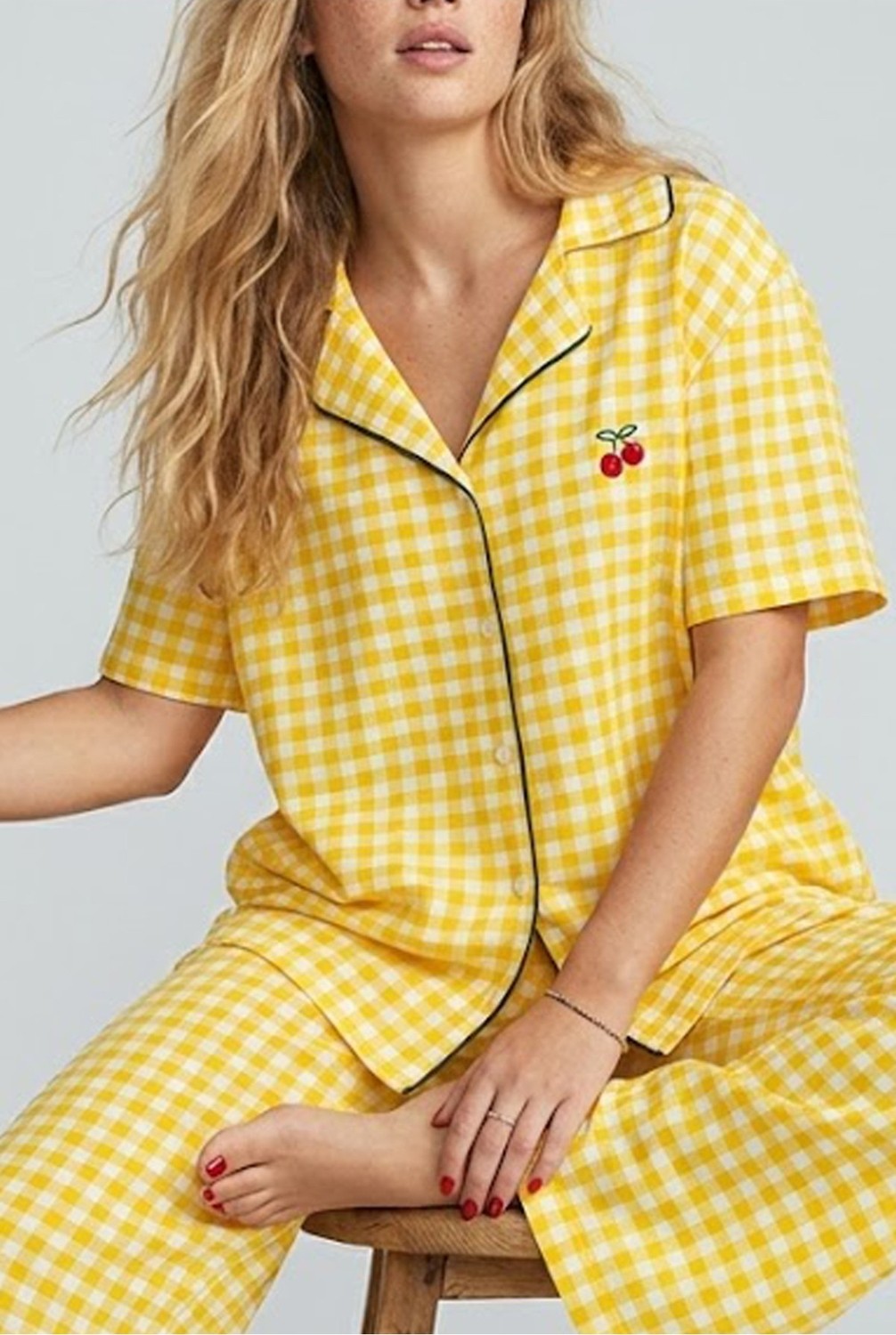 Siyah İnci Sarı Ekose Kareli Nakışlı Düğmeli Biyeli Ince Soft Örme Pijama Takımı 8001 görsel 2