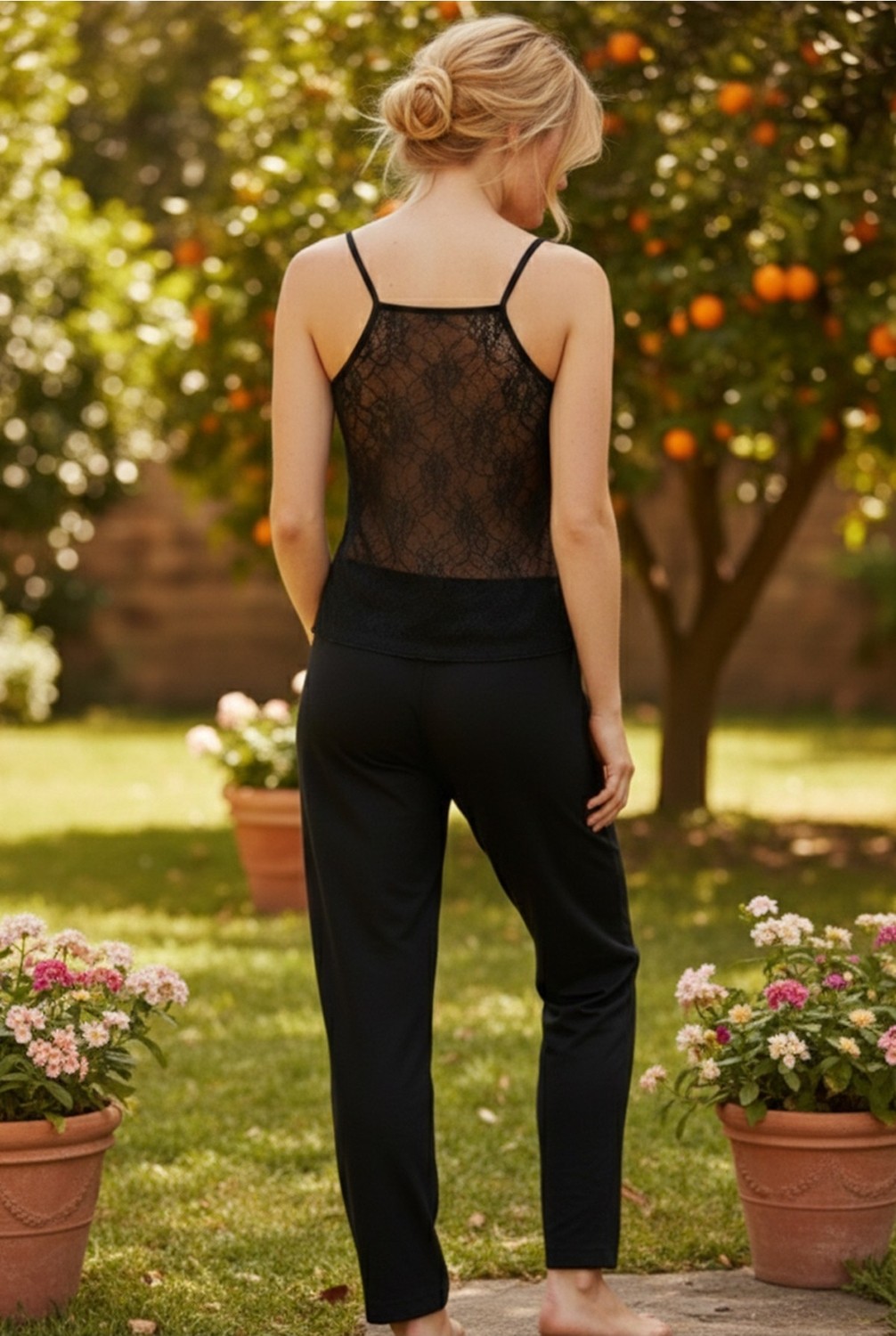 Siyah İnci Lacivert Sırt Dantel Detaylı Ip Askılı Örme Viskon Pijama TAKIM26120753 görsel 6