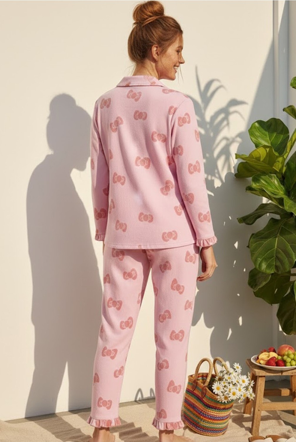 Siyah İnci Siyah Pembe Kalp Desenli Bürümcük-Krınkıl Uzun Kollu Düğmeli Pijama Takım 7993 görsel 3