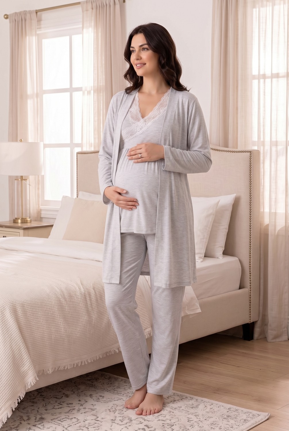 Jenika Hamile Lohusa Sabahlıklı Pijama Takımı - Gri Melanj Dantel Detaylı 3'lü Takım görsel 2