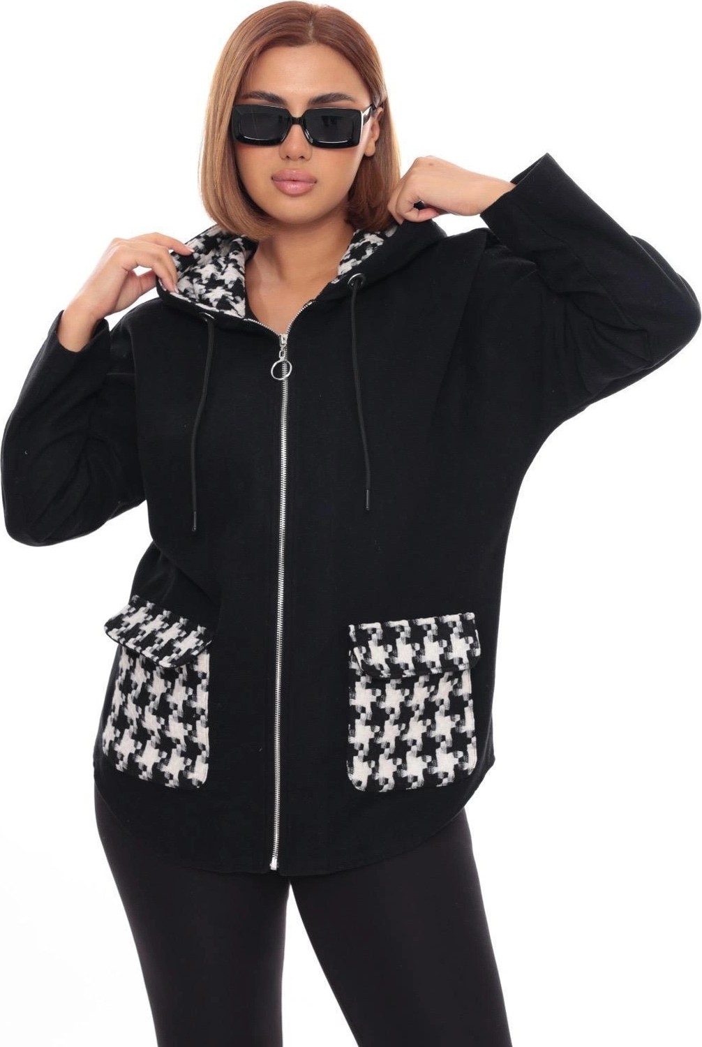 Lady Majestic Büyük Beden Kapüşonlu Fermuarlı Sweatshirt Hırka | 44-58 Beden