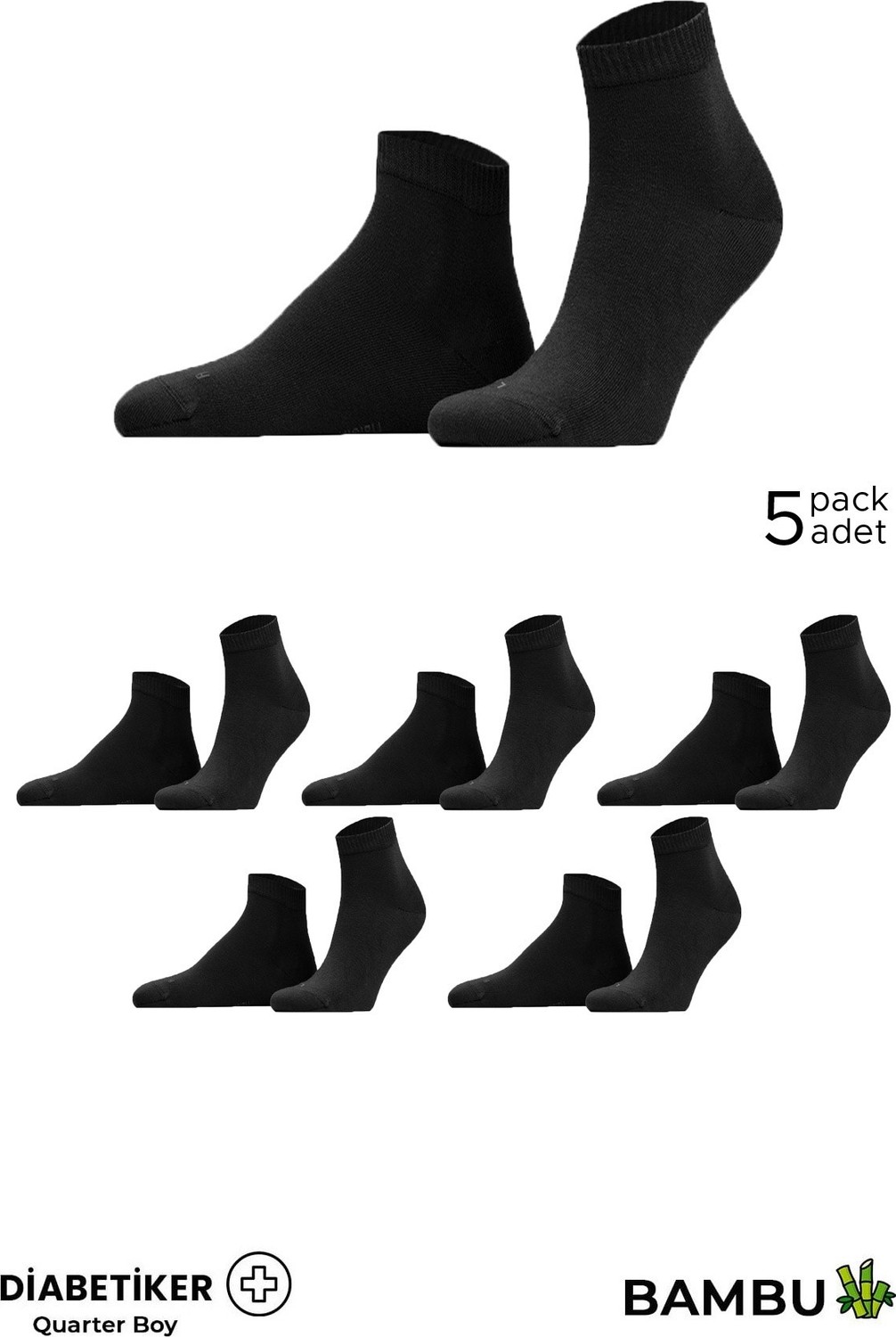 Mısırlı Unisex Bambu 5 Çift Diabetiker Lastiksiz Kısa Konç Çorap Siyah