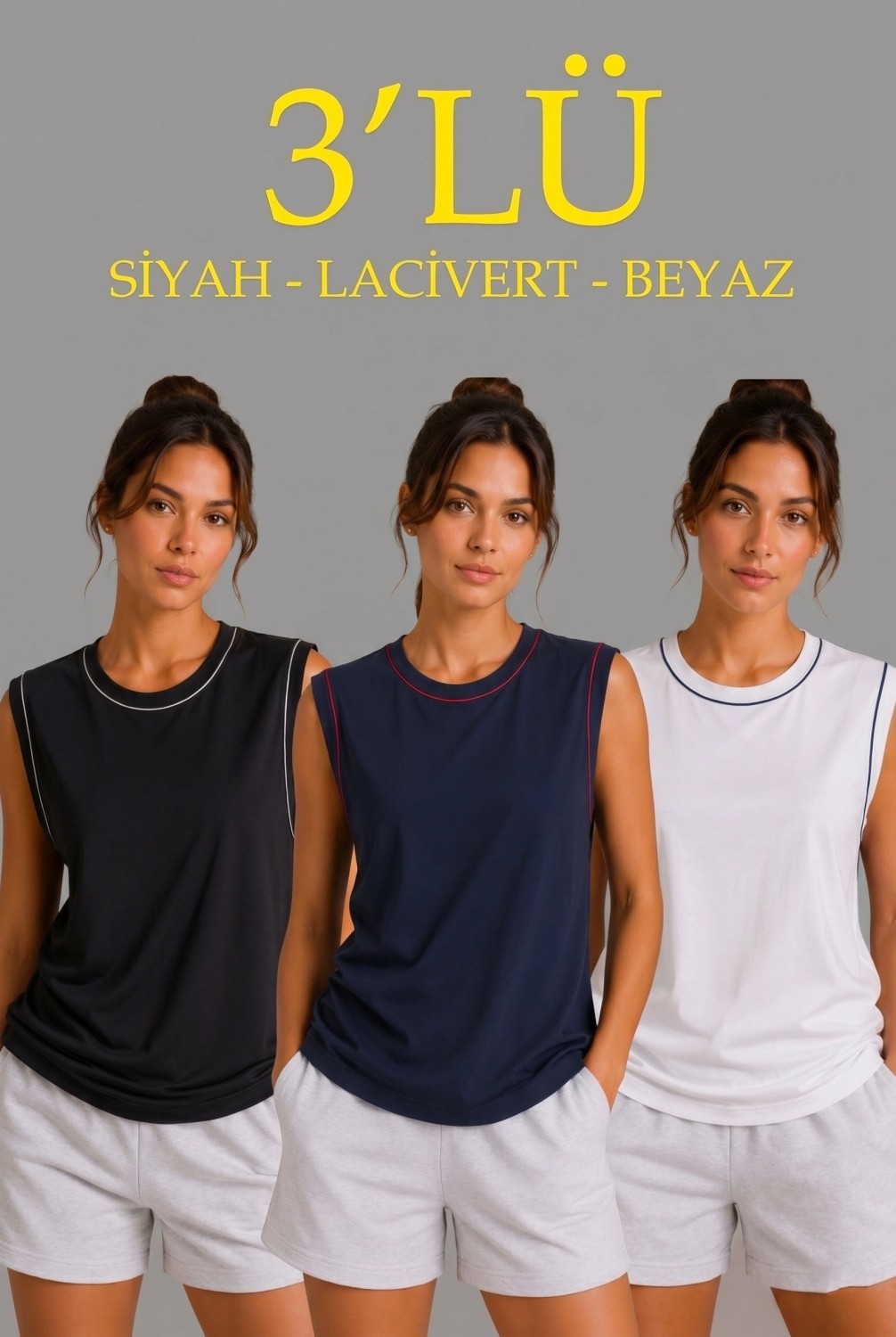 Hace Bazaar Kadın 3’lü Kolsuz Sporcu Atlet Seti Yazlık Bisiklet Yaka - Siyah, Lacivert, Beyaz