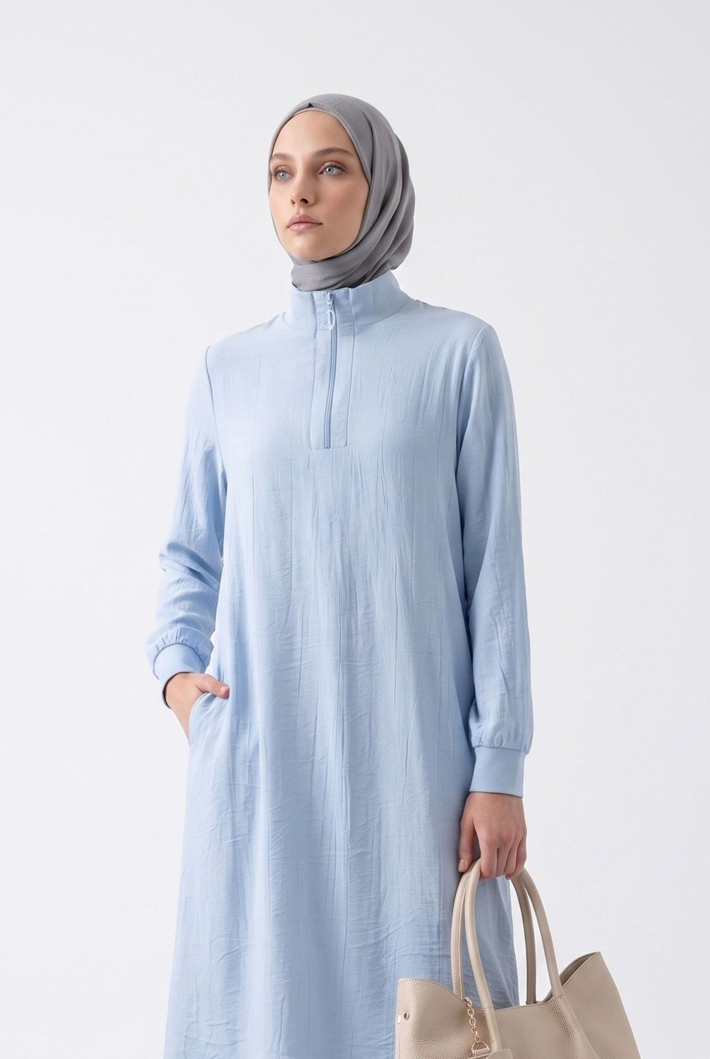 Armine Trend Doğal Kumaş Yarım Fermuarlı Kolları Lastikli Hakim Yaka Rahat Kalıp Tunik Mavi 26YT462 görsel 2