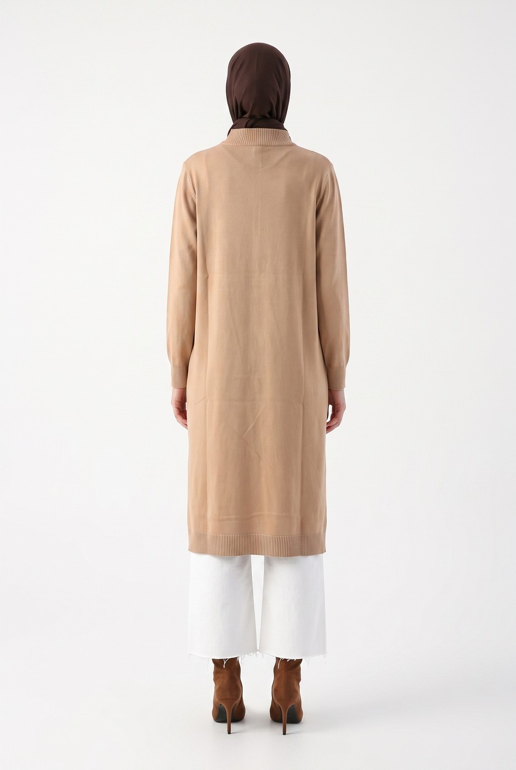 Armine Trend Baklava Desenli Fermuar Yaka Uzun Triko Tunik Latte 25KTD4112 görsel 5
