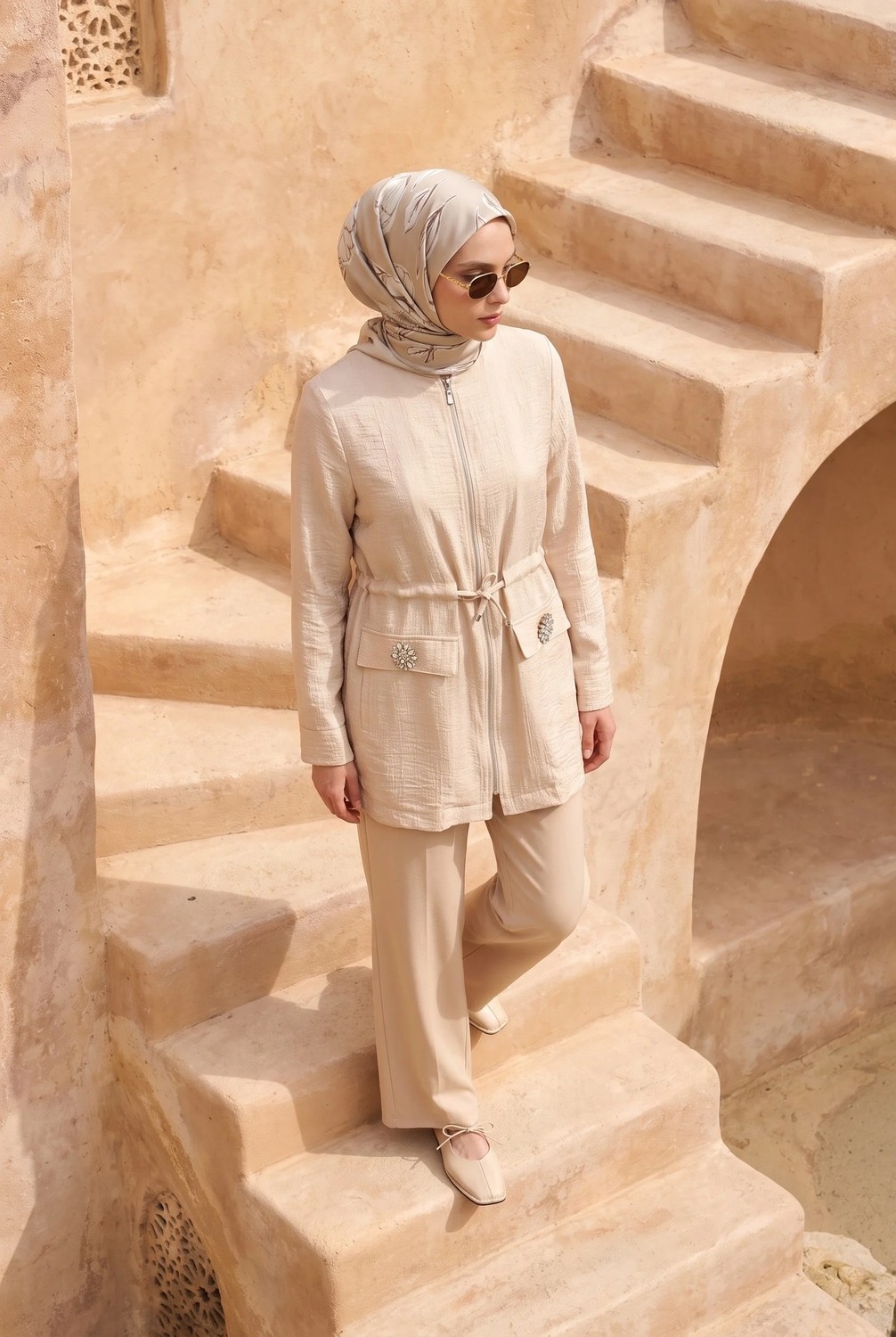 Armine Trend Doğal Kumaş Fermuarlı Beli Büzgülü Süs Cep Detaylı Tunik Bej 26YT424