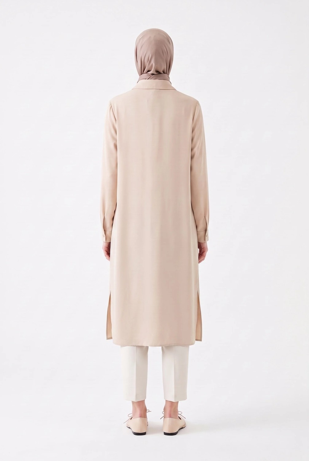 Armine Trend Tam Boy Düğmeli Gömlek Yaka 110 cm Boy Rahat Kesim Tunik Bej 26YT484 görsel 4