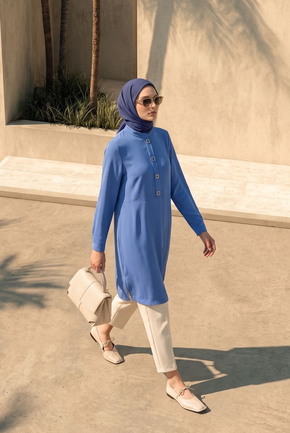 Armine Trend Yarım Patlı Aksesuar Detaylı Hakim Yaka 100 cm Boy Rahat Kalıp Tunik Indigo 26YT485