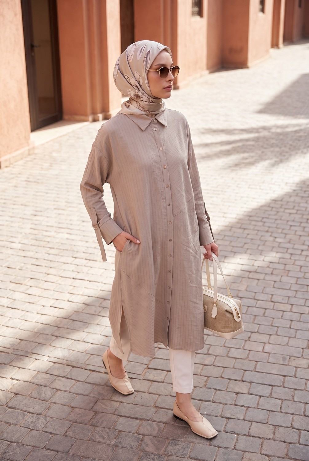 Armine Trend Doğal Kumaş Asimetrik Dikiş Detaylı Gömlek Yaka Tunik 118 cm Boy Vizon 26YT478