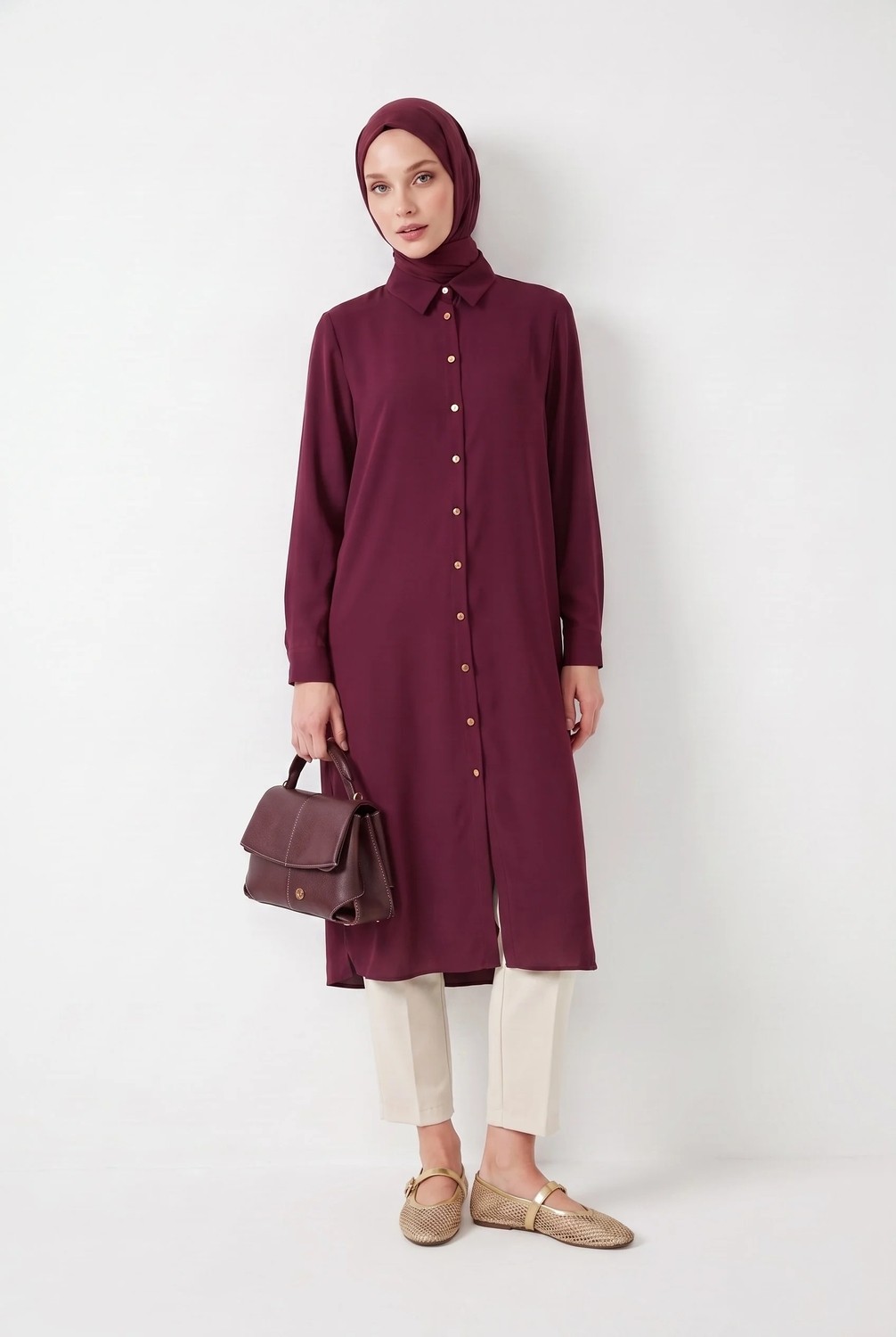 Armine Trend Tam Boy Düğmeli Gömlek Yaka 110 cm Boy Rahat Kesim Tunik Mürdüm 26YT484 görsel 3
