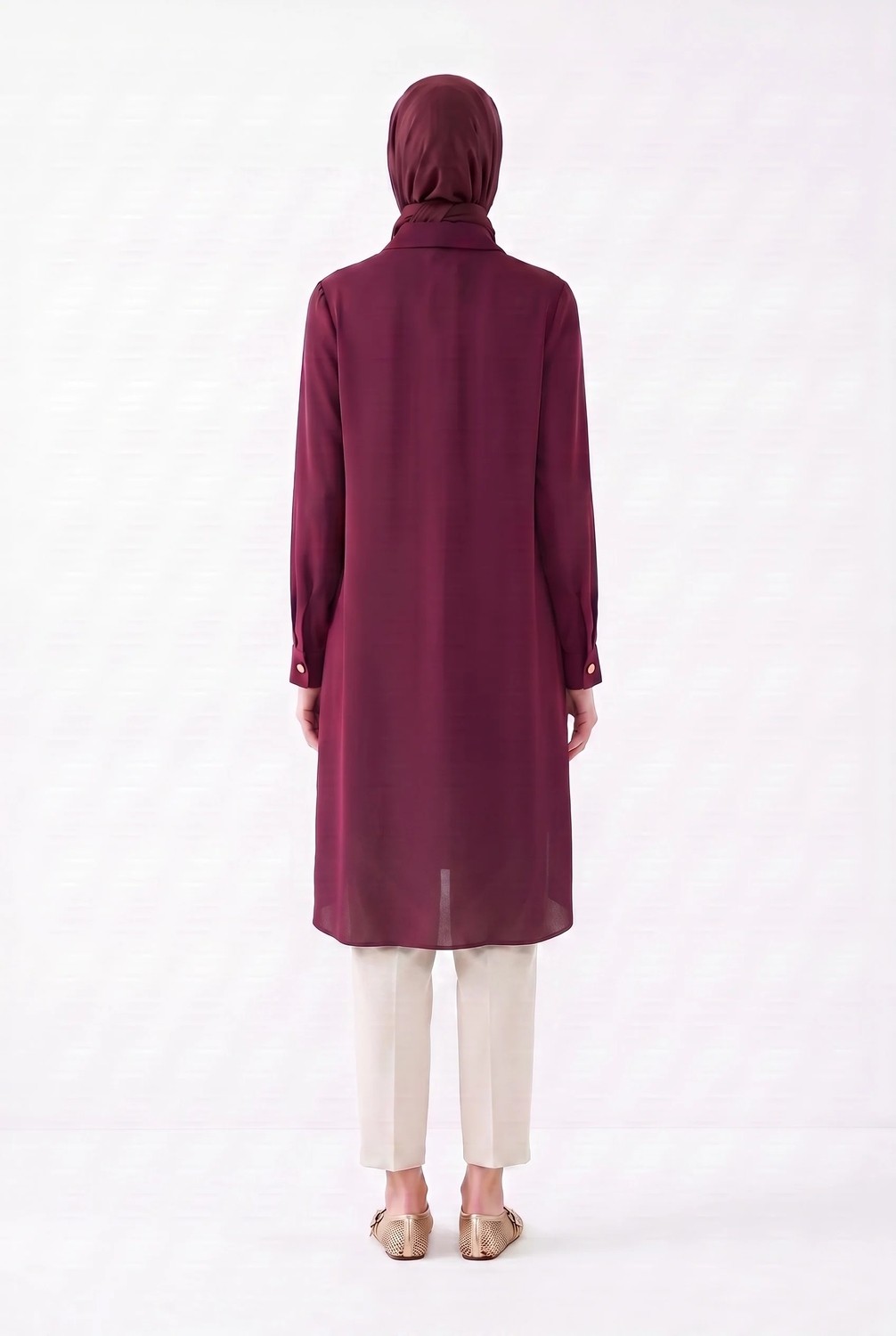 Armine Trend Tam Boy Düğmeli Gömlek Yaka 110 cm Boy Rahat Kesim Tunik Mürdüm 26YT484 görsel 4