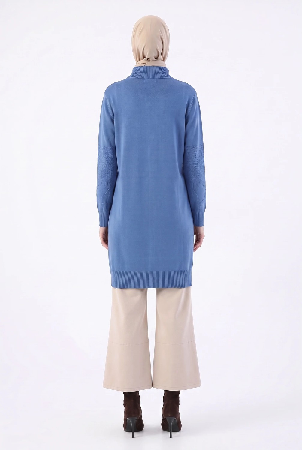 Armine Yarım Fermuarlı Hakim Yaka Çiçek Desenli Triko Tunik 25KTD4111 İndigo görsel 3