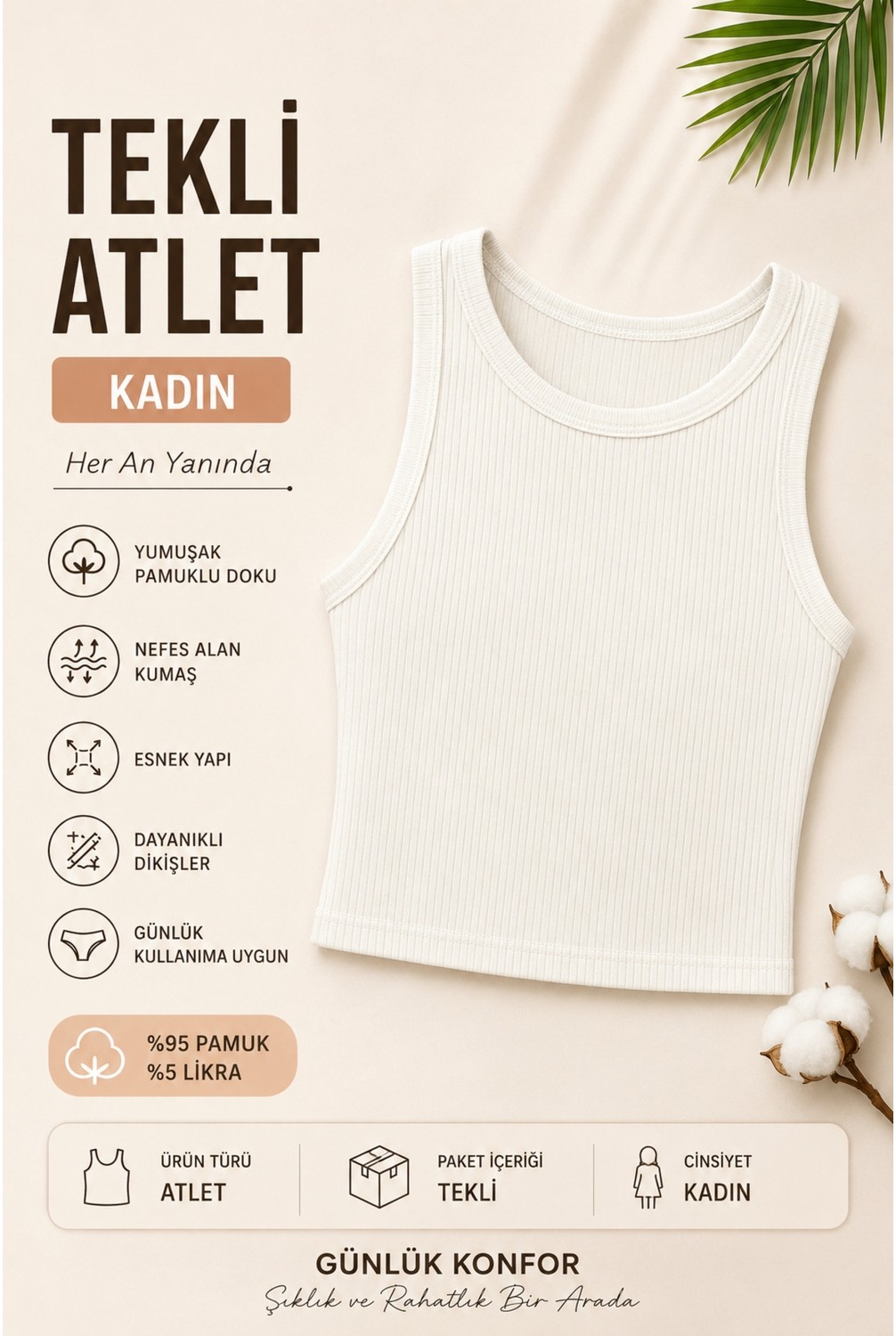 Nicoletta Kadın Crop Atlet Geniş Askılı Pamuklu Likralı görsel 3