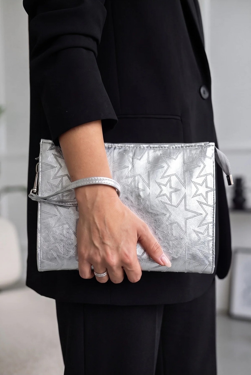 Glondy Sasha Suni Deri Yıldız Desenli Clutch Kadın Portföy El Çantası - Silver görsel 2