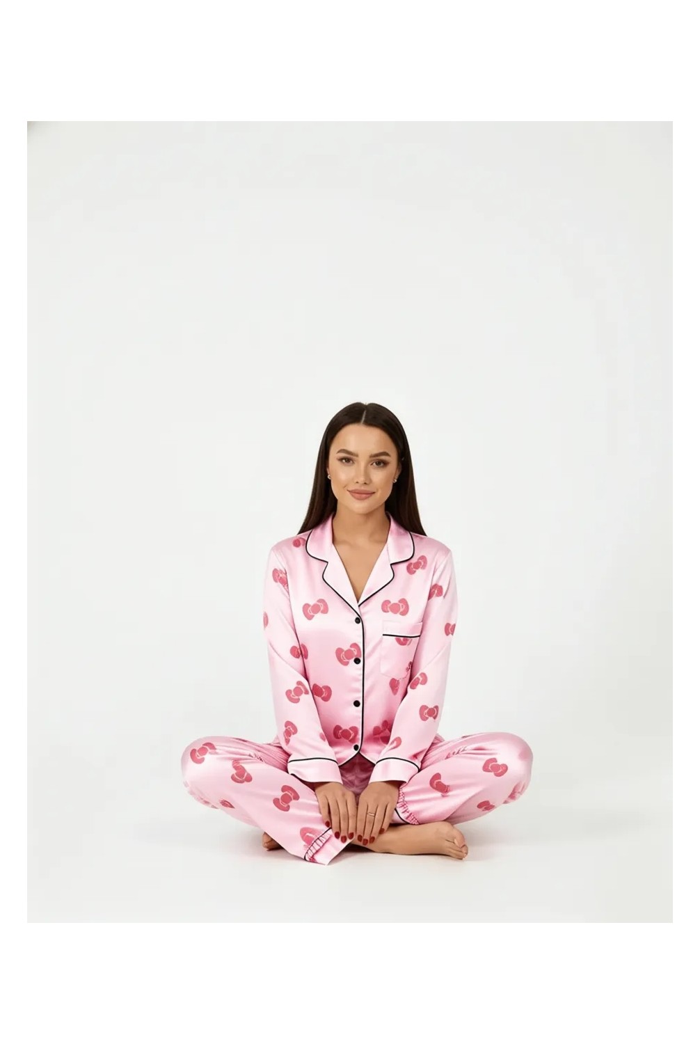 Siyah İnci Siyah Pembe Kalp Desenli Bürümcük-Krınkıl Uzun Kollu Düğmeli Pijama Takım 7993 görsel 4