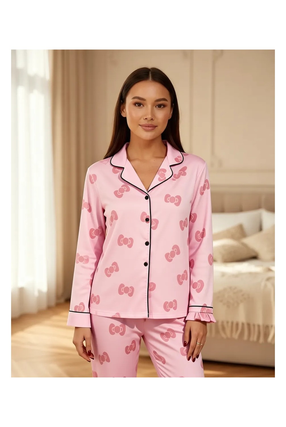 Siyah İnci Siyah Pembe Kalp Desenli Bürümcük-Krınkıl Uzun Kollu Düğmeli Pijama Takım 7993 görsel 5