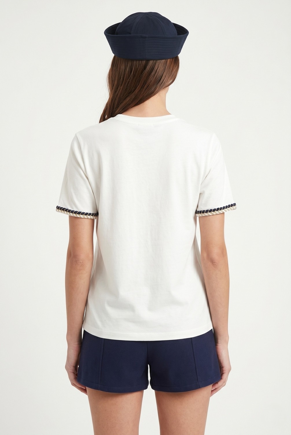 Ritnice Kadın Marin Yaka İşlemeli %100 Pamuk Kısa Kol Siyah Örme T-shirt görsel 6