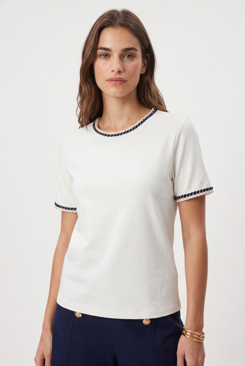 Ritnice Kadın Marin Yaka İşlemeli %100 Pamuk Kısa Kol Siyah Örme T-shirt görsel 5