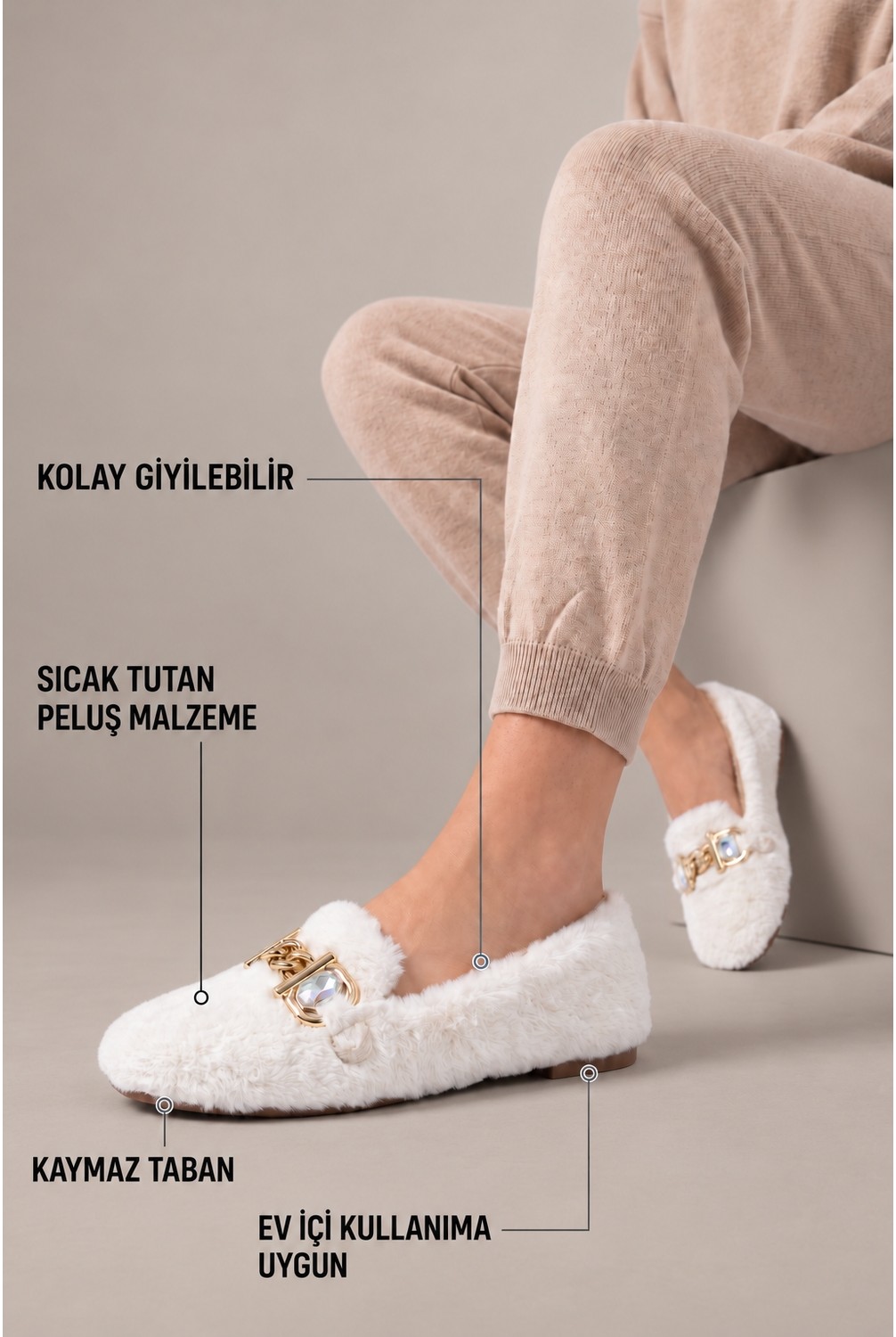 Nmoda Panduf Gold Zincir Taşlı Aksesuarlı Kışlık Sıcak Tutan Yumuşak Tabanlı Kapalı Panduf görsel 2