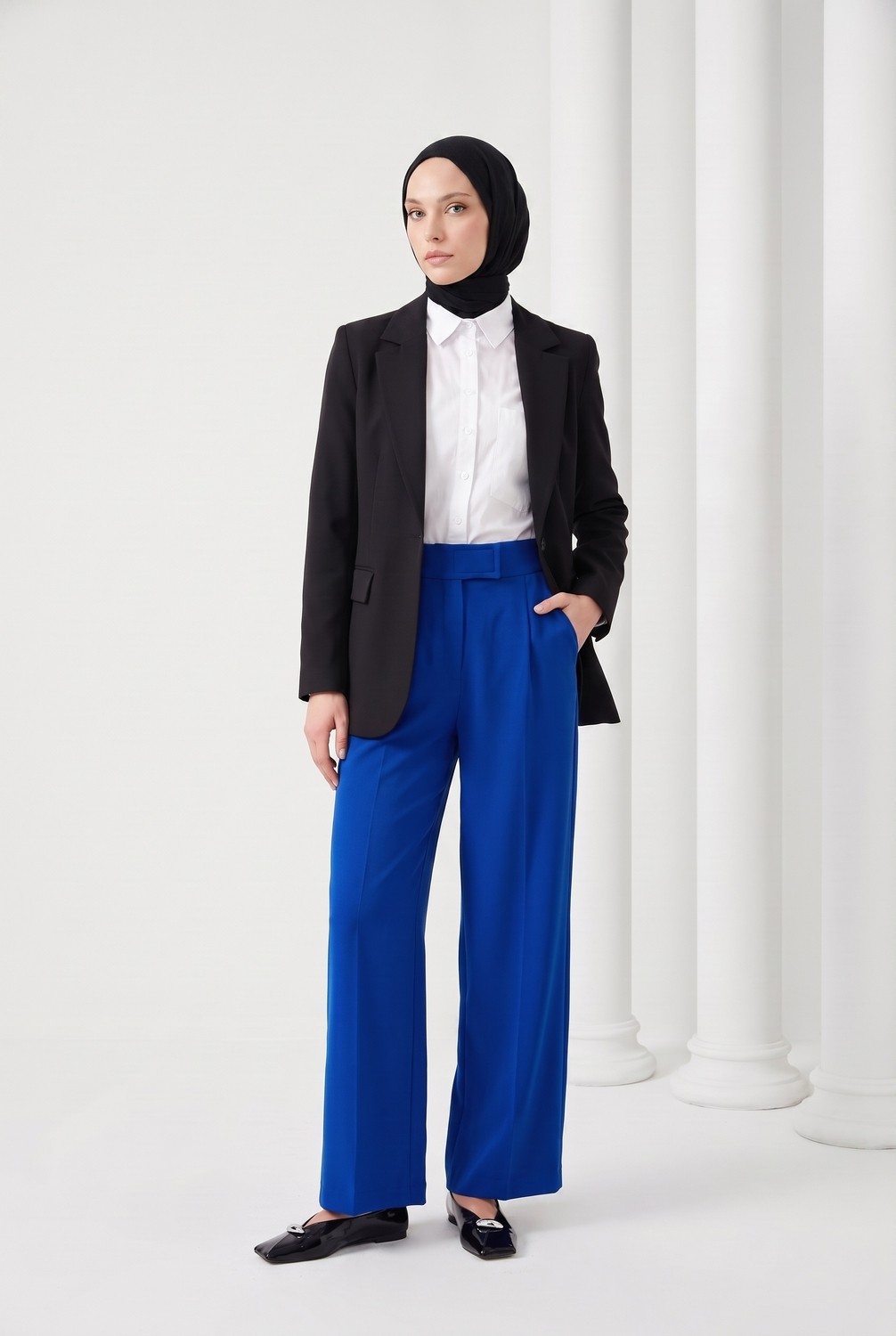 Armine Beli Cırtlı Fermuarlı Cepli Tek Pile Bol Kesim Pantolon Saks 24YTD201 görsel 3