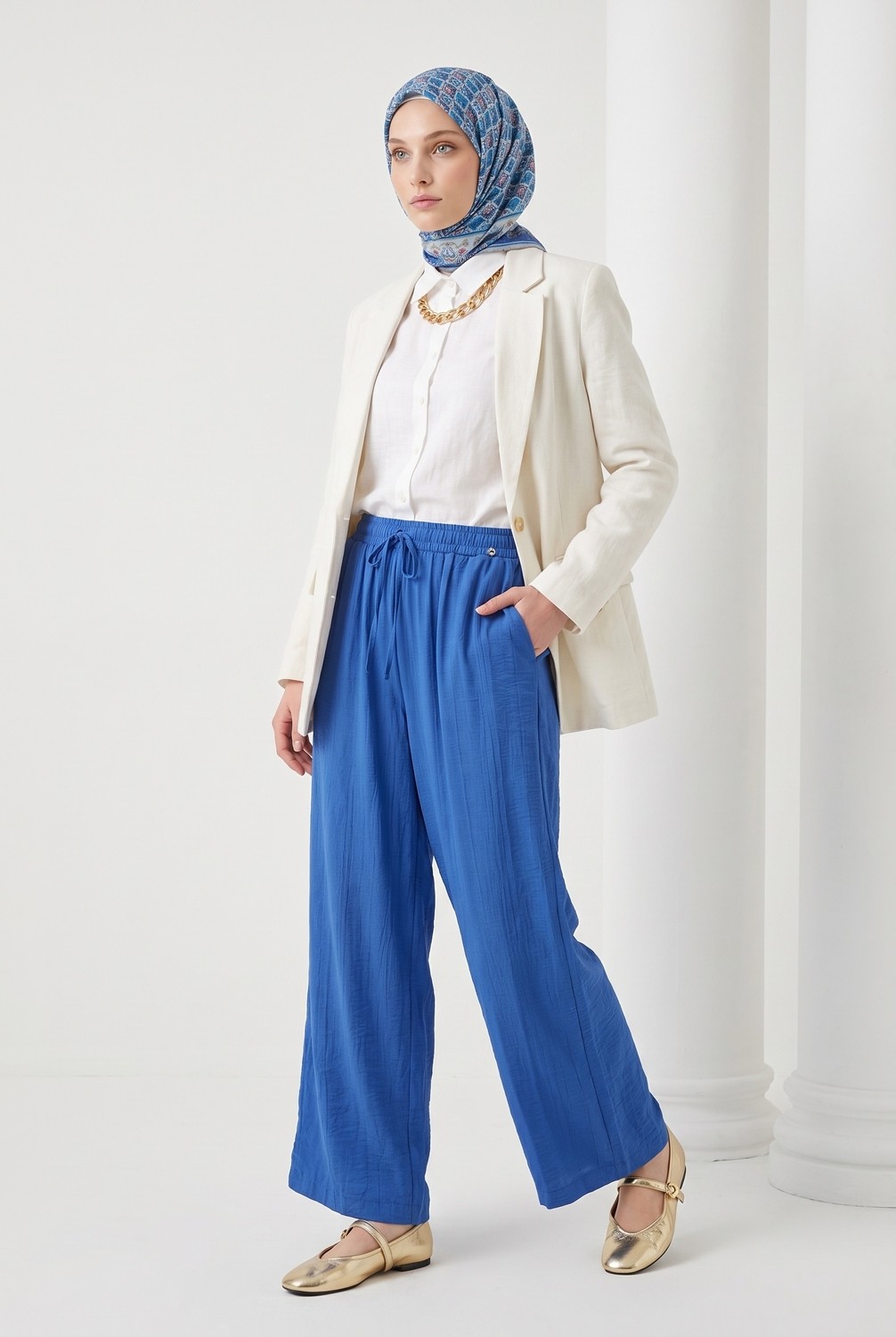 Armine Trend Beli Lastikli Yandan Cepli Dökümlü Bol Kesim Pantolon Indigo 25YT209