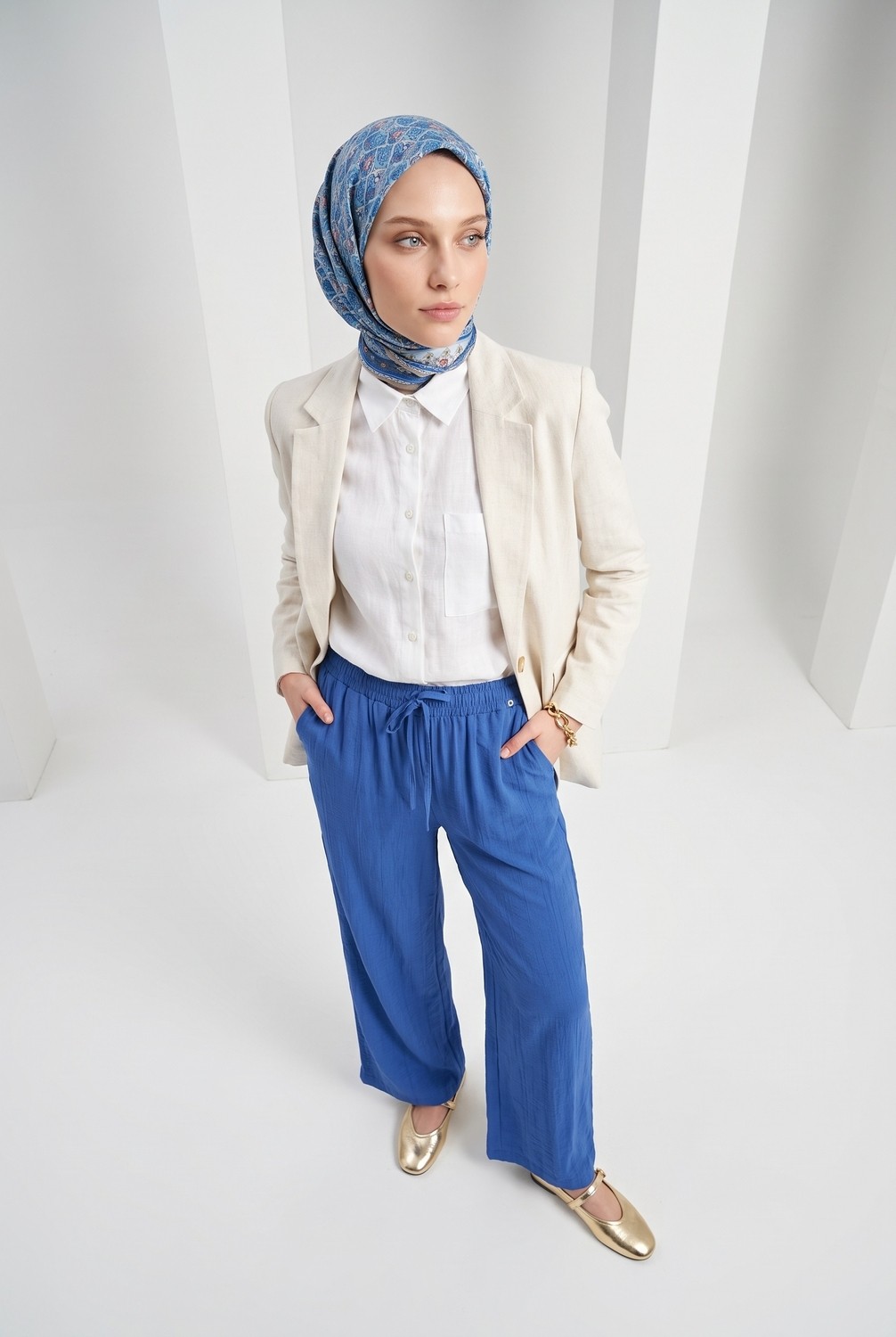 Armine Trend Beli Lastikli Yandan Cepli Dökümlü Bol Kesim Pantolon Indigo 25YT209 görsel 2