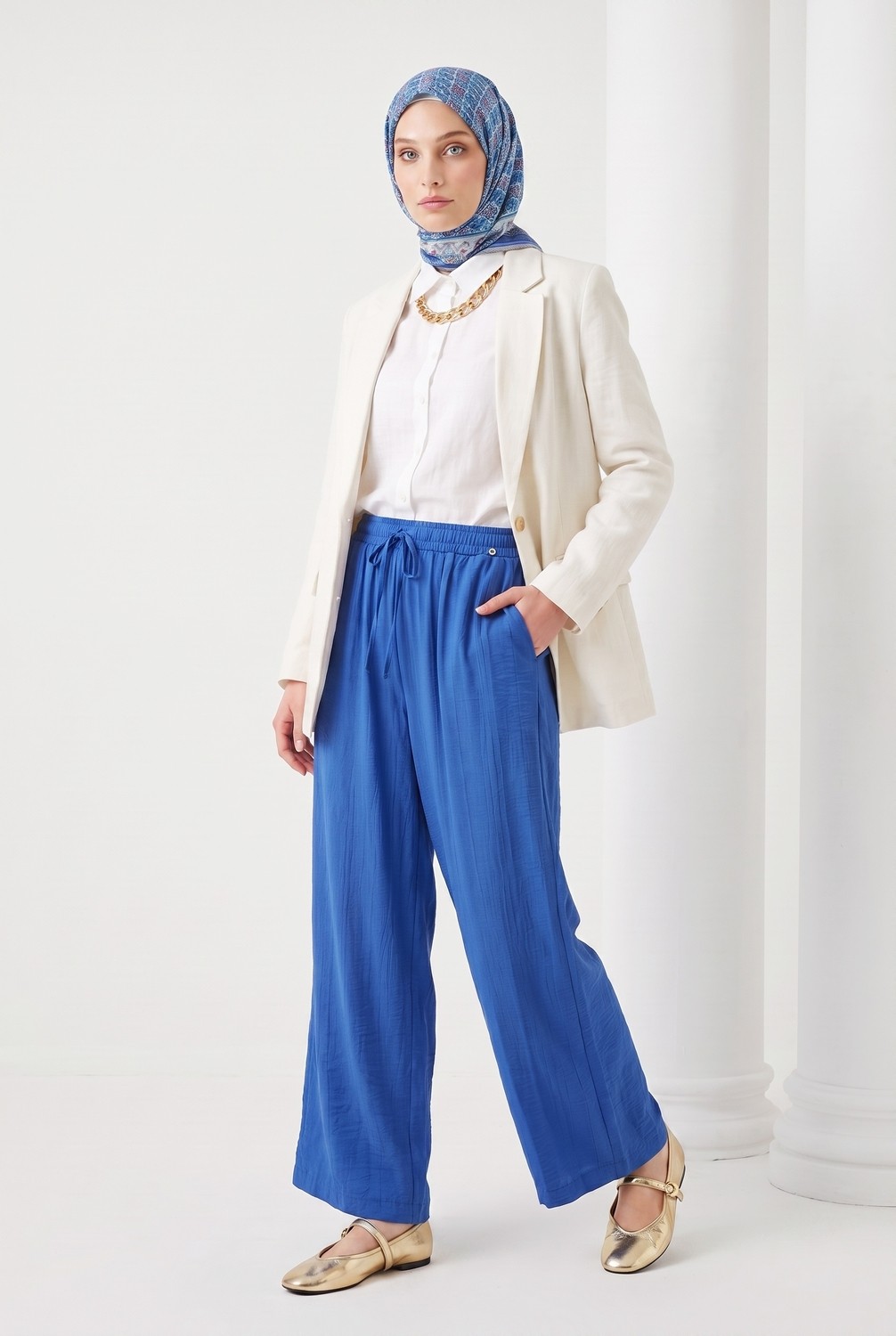 Armine Trend Beli Lastikli Yandan Cepli Dökümlü Bol Kesim Pantolon Indigo 25YT209 görsel 3