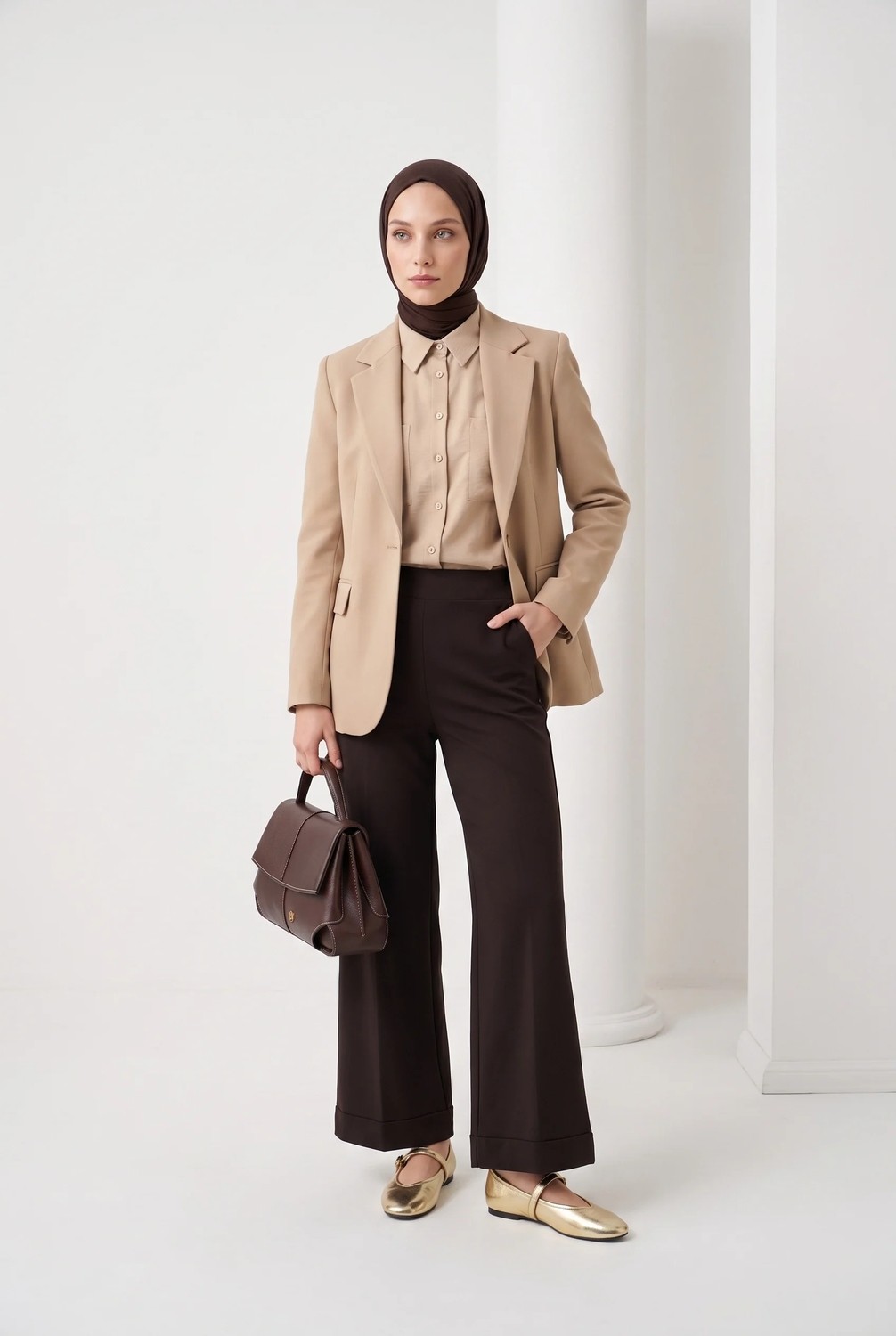 Armine Trend Beli Lastikli Bol Kesim Duble Paça Pantolon Kahverengi 26YT210