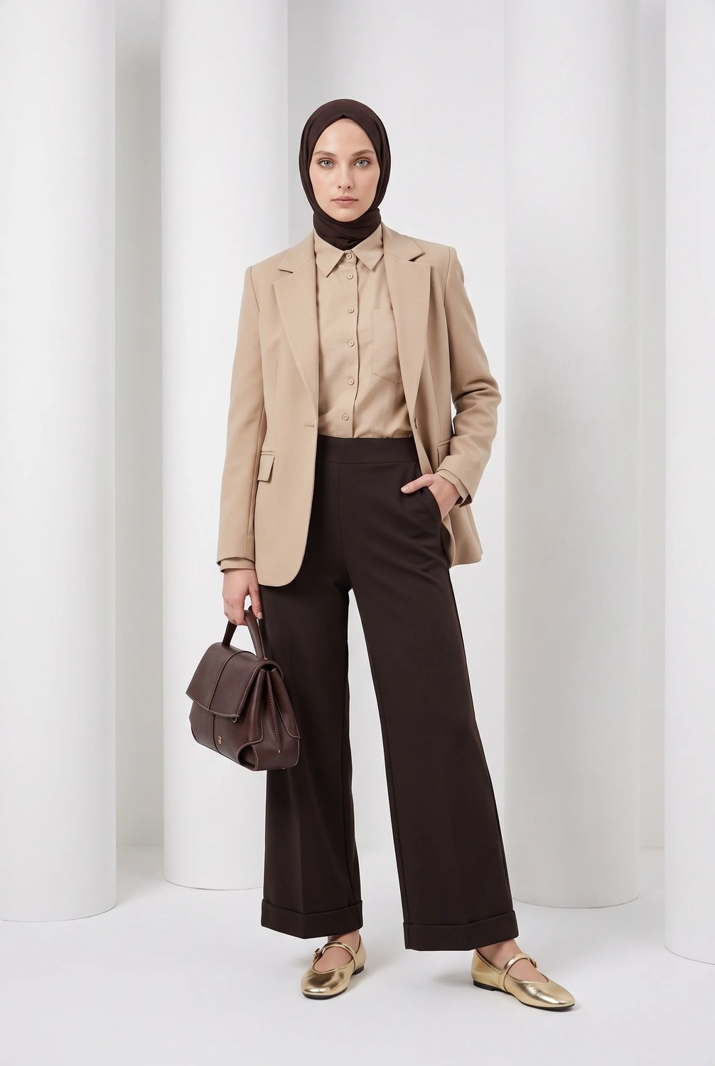 Armine Trend Beli Lastikli Bol Kesim Duble Paça Pantolon Kahverengi 26YT210 görsel 3