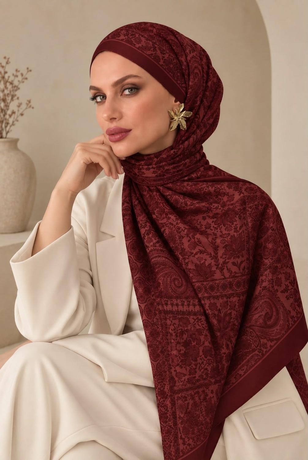 Revam Collection Retro Desen Pamuk Soft Şal Bordo