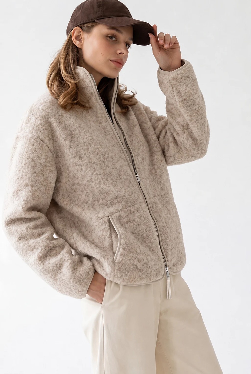 Mixray 4984 Kadın Fermuarlı Önden Cepli Yumuşak Dokulu Dik Yaka Polar Sweatshirt Kahve