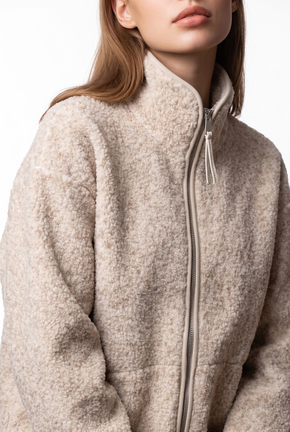 Mixray 4984 Kadın Fermuarlı Önden Cepli Yumuşak Dokulu Dik Yaka Polar Sweatshirt Kahve görsel 2