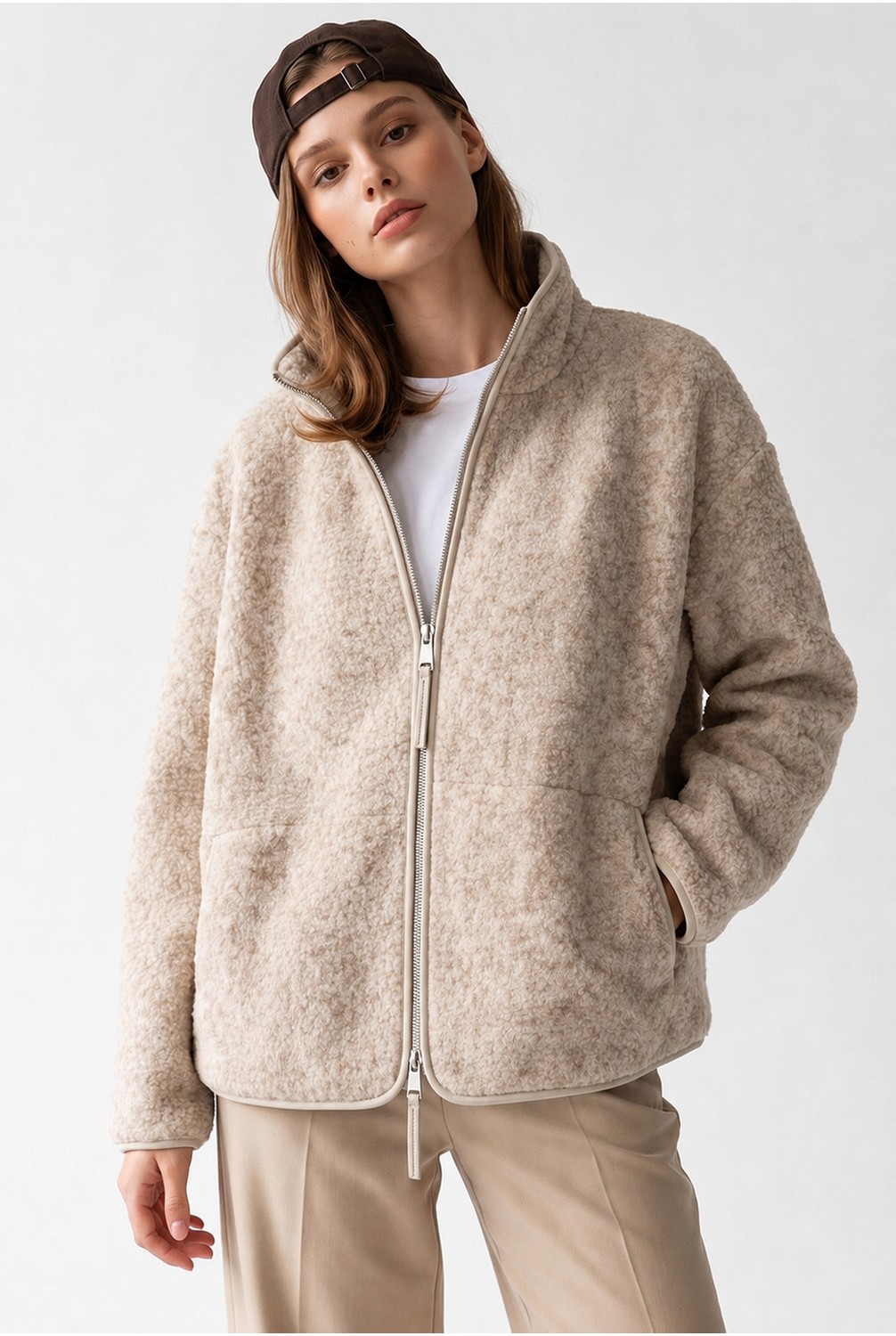 Mixray 4984 Kadın Fermuarlı Önden Cepli Yumuşak Dokulu Dik Yaka Polar Sweatshirt Kahve görsel 3