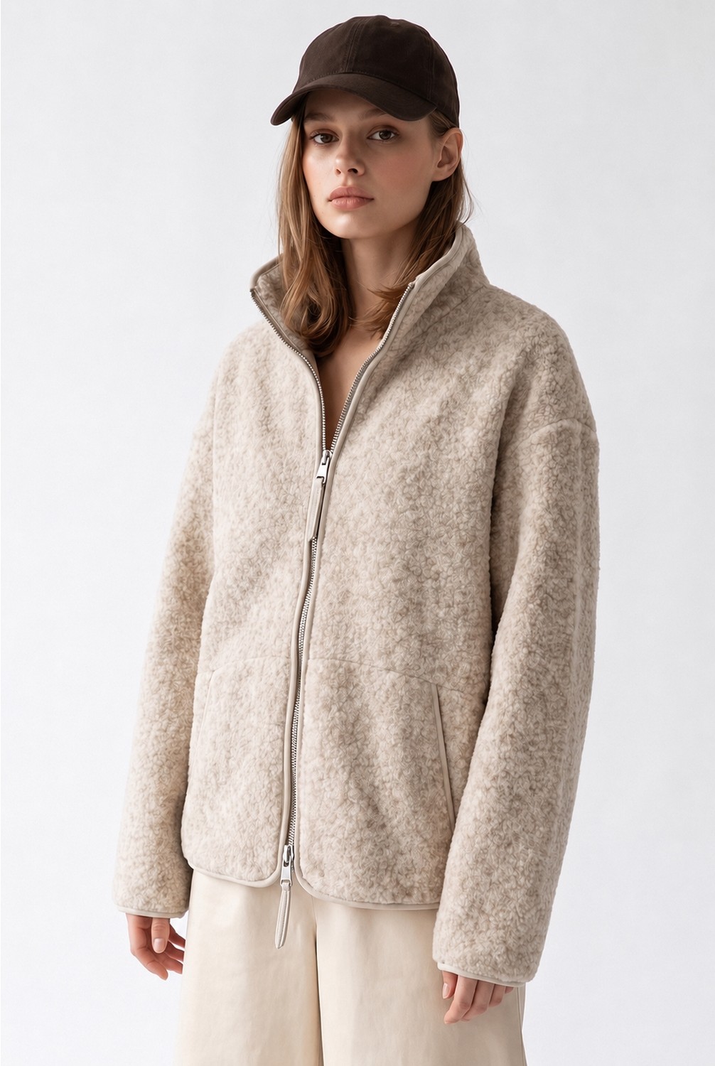 Mixray 4984 Kadın Fermuarlı Önden Cepli Yumuşak Dokulu Dik Yaka Polar Sweatshirt Kahve görsel 4