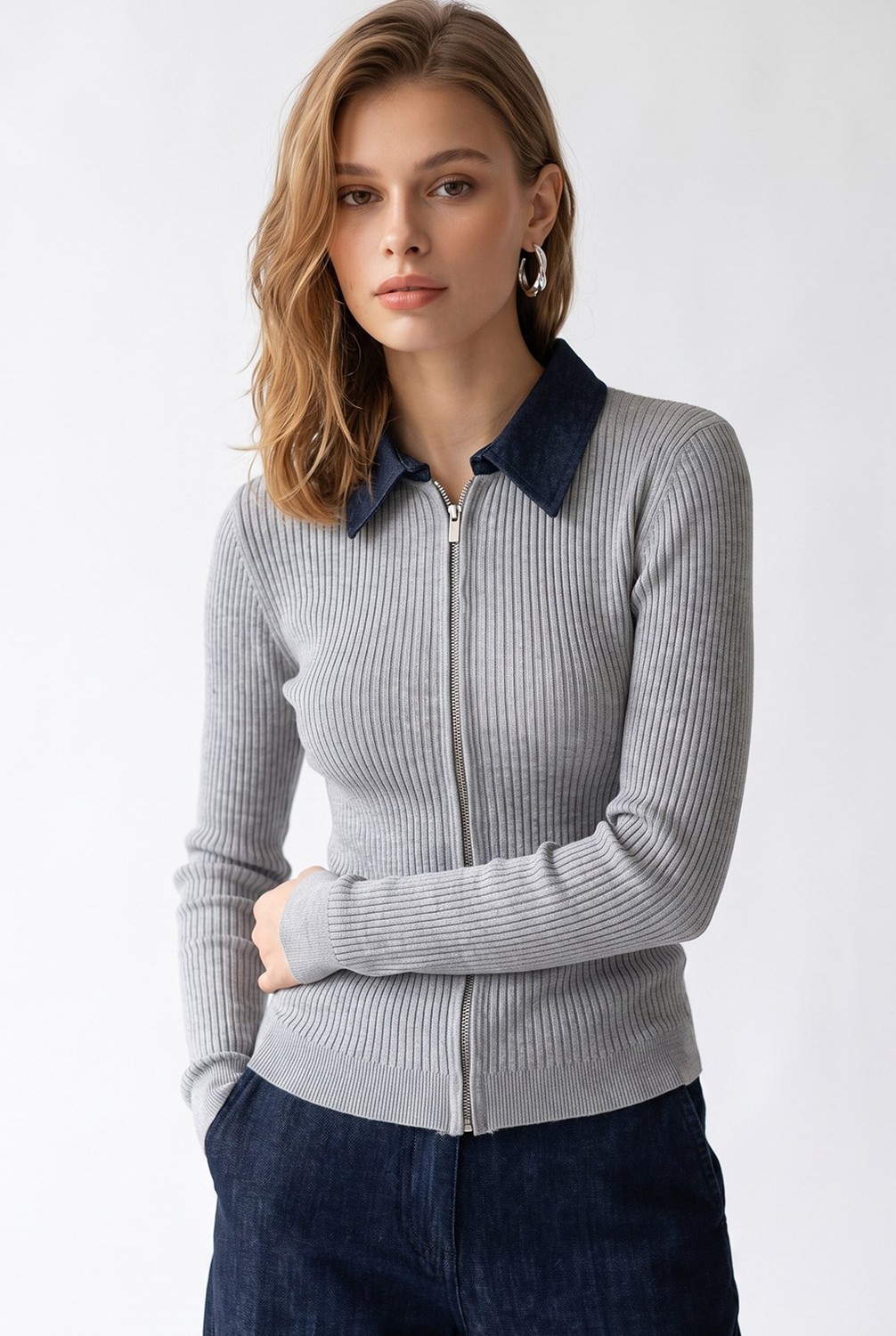 Mixray 7043 Kadın Denim Yakalı Fermuarlı Fitilli Triko Hırka Gri görsel 4