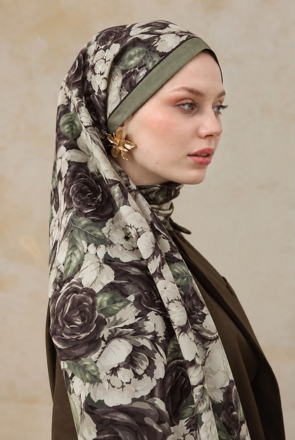 Revam Collection Gül Desen Pamuk Soft Şal Haki