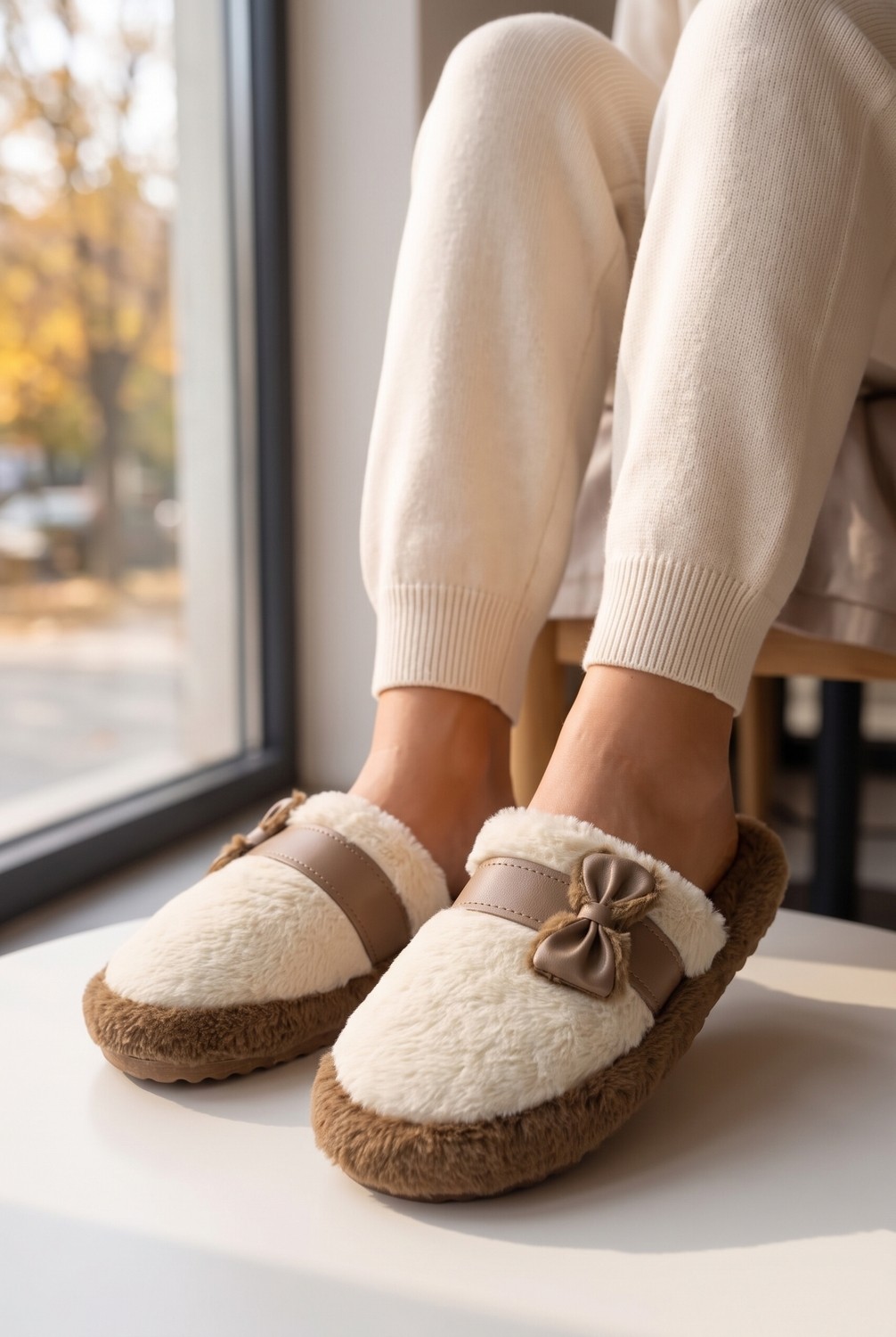 Nmoda Kadın Peluş Ev Terliği Kürklü Fiyonklu Yumuşak Tabanlı Sıcak Tutan Arkası Açık Kışlık Panduf Terlik