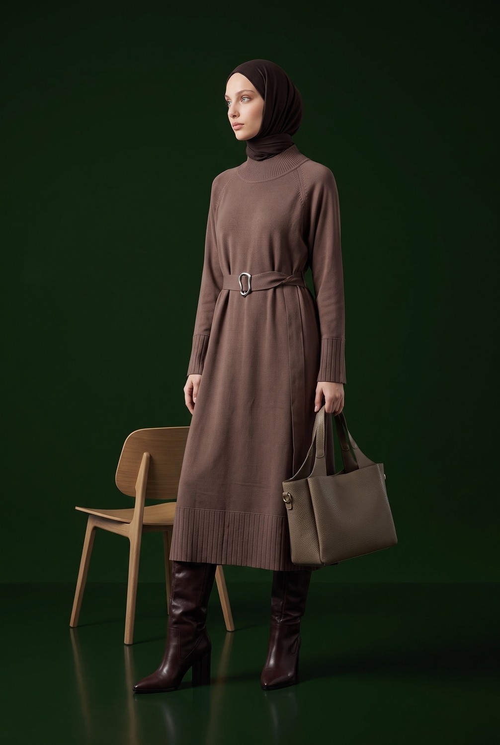 Armine Trend Kemer Detaylı Balıkçı Yaka Uzun Kollu Ribanalı Triko Elbise Mocha 26KTD911