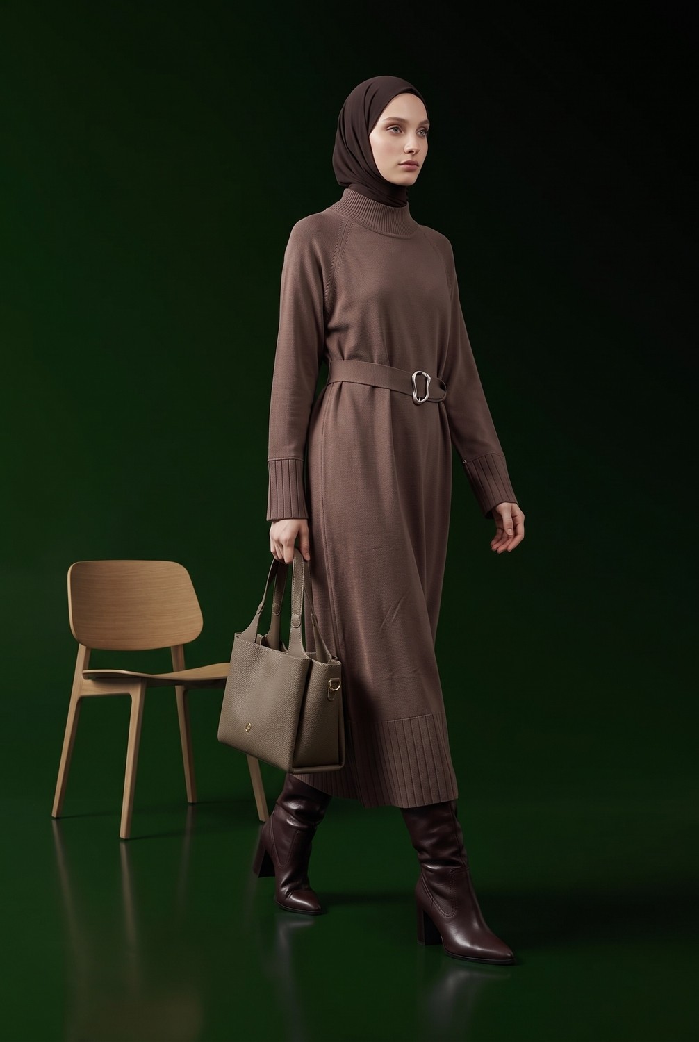 Armine Trend Kemer Detaylı Balıkçı Yaka Uzun Kollu Ribanalı Triko Elbise Mocha 26KTD911 görsel 4