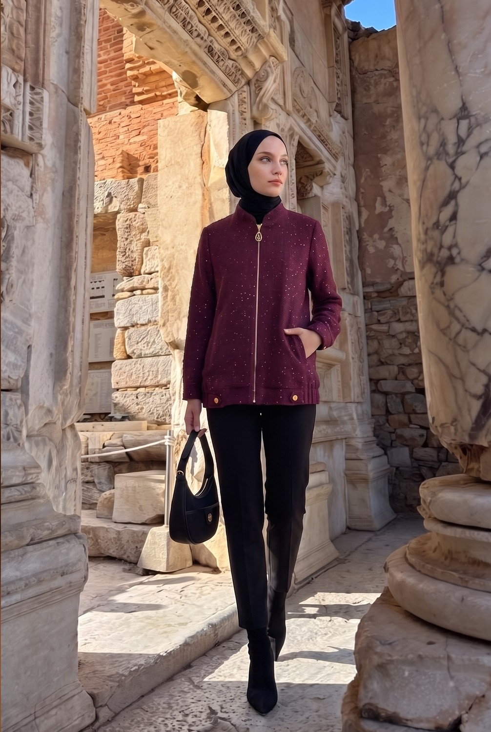 Armine Trend Fermuar Detaylı Taş Süslemeli Cepli Uzun Ceket Modern Şık Günlük Tesettür Dış Giyim Bordo 25KT507