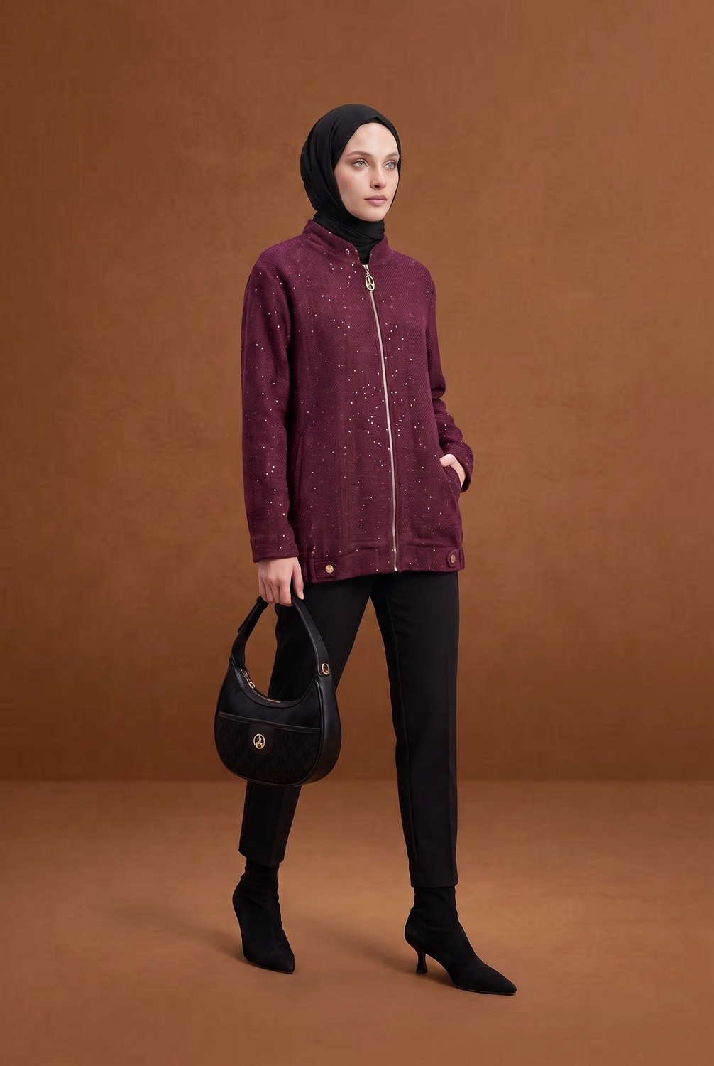 Armine Trend Fermuar Detaylı Taş Süslemeli Cepli Uzun Ceket Modern Şık Günlük Tesettür Dış Giyim Bordo 25KT507 görsel 2