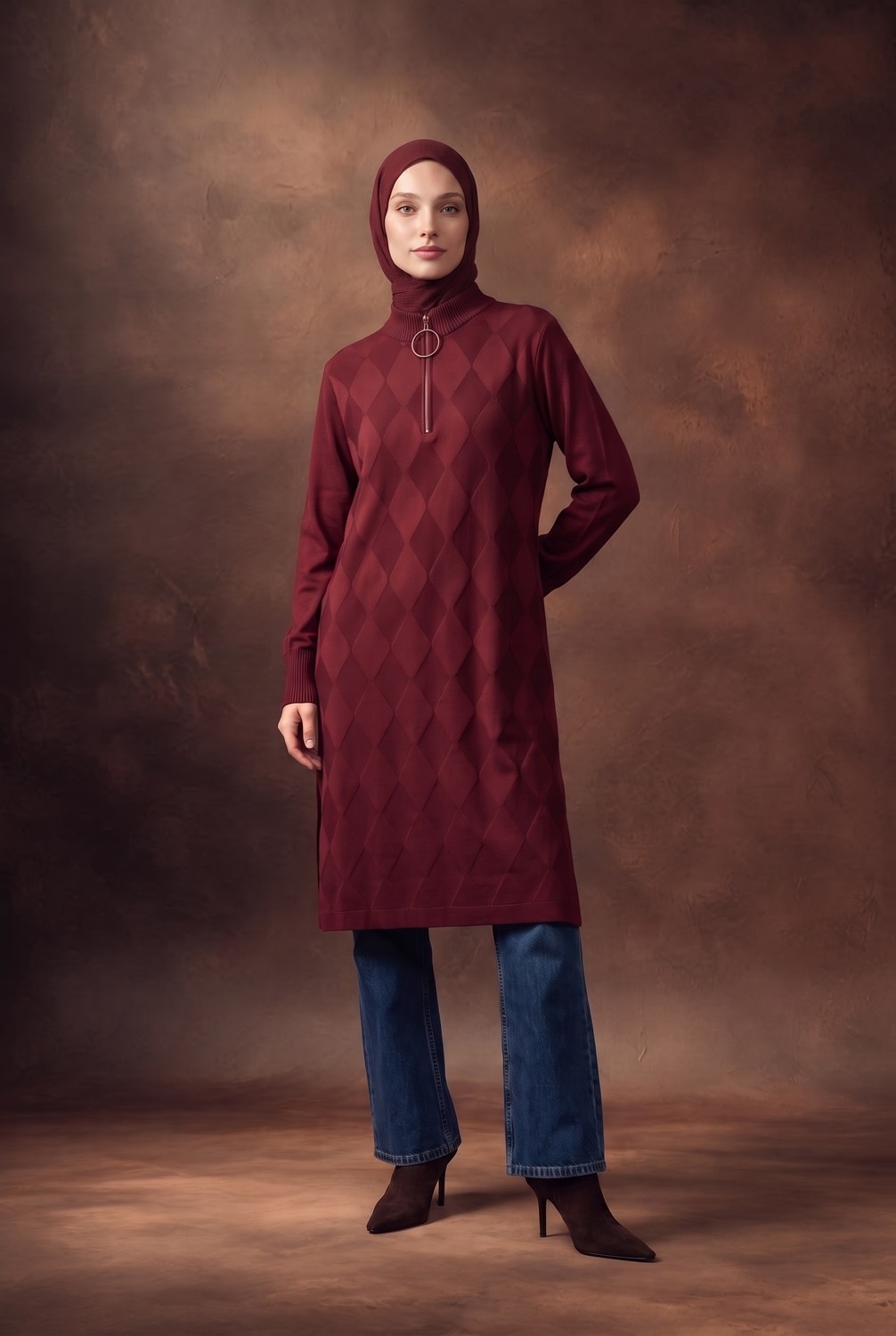 Armine Trend Baklava Desenli Fermuar Yaka Uzun Triko Tunik Bordo 25KTD4112 görsel 2